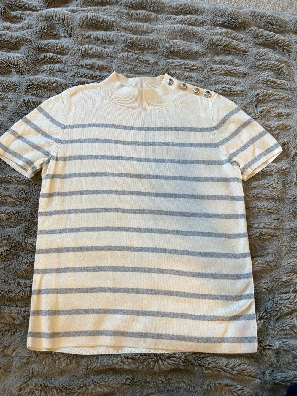 Talbots Cream and Silver Striped Short Sleeve Sweater